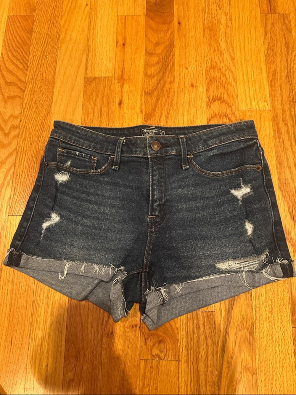 Abercrombie & Fitch Dark Blue Distressed Denim Shorts